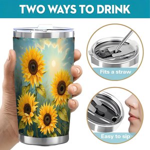 Gobelet isotherme en acier inoxydable 20 oz à double paroi avec motif tournesol, tasse de voyage - Product Image 5
