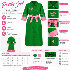 ชุดเดรสเสื้อเชิ้ตแขนสามส่วนสีเขียว HMR Sorority Sisterhood พร้อมเข็มขัดสีชมพูและโลโก้ปัก ชุดเดรสทรงเข้ารูป - Product Image 6