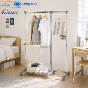 <b>Adjustable</b> Double Rail Rolling Clothes Garment Rack Heavy Duty Metal Drying Stand with Storage <b>Shelf</b> - Product Image 3