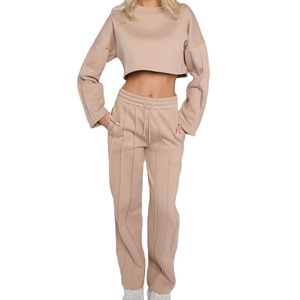 2025 Spring New Arrival Women's Solid Crop Top and Wide Leg Flare Pants Tracksuit Set Comfy <b>Jogger</b> Plus Size Sweatsuit - Product Image 3