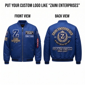 เสื้อแจ็คเก็ตบอมเบอร์ผู้ชาย โพลีเอสเตอร์พรีเมียม 200 GSM คอและปลายแขนเสื้อแบบริบถัก ปักโลโก้ตามสั่ง สีน้ำเงิน สไตล์สตรีทแวร์ - Product Image 1