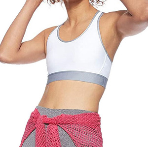 Soutien-gorge de sport blanc uni pour femme avec bordure contrastante grise, col ras du cou, dos nageur, maintien moyen, respirant et sans coutures - Product Image 1