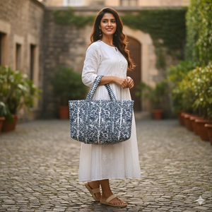 Sac fourre-tout matelassé en coton bleu et blanc uni, élégant, avec longues poignées d'épaule, fait main, réutilisable, pour femme - Product Image 2