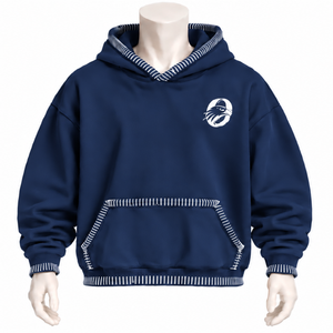 <b>Navy</b> Blue Stitched Border Distressed Hoodie Oversized Pullover Sweatshirt Contrast Stitch Kangaroo Pocket Casual Streetwear <b>Top</b> - Product Image 1