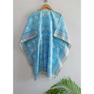 Vestido Kaftán Maxi de Algodón con Estampado de Bloques, Cuello en V, Manga Murciélago, Hecho a Mano, Estilo Boho, para Playa, Túnica Holgada, Ecológico, Natural y Transpirable - Product Image 6