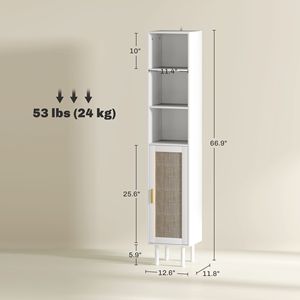 White Freestanding Bathroom <b>Storage</b> Cabinet with Adjustable Shelves & Rattan Doors <b>Tall</b> Design for Hospital Bedroom Application - Product Image 3