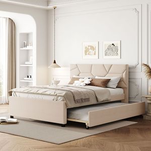 Letto matrimoniale imbottito in tessuto di lino beige con testiera a motivo mattoni e letto estraibile singolo - Product Image 1