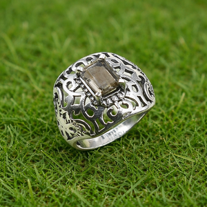 Anillo de Plata de Ley 925 con Cuarzo Ahumado, Hecho a Mano, con Filigrana, Anillo Rectangular con Gema para Hombre, Estilo Vintage - Product Image 3