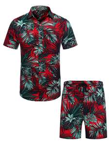 Conjunto de camisa y pantalones cortos con estampado de hojas tropicales rojas para hombre, conjunto de verano para vacaciones en la playa de poliéster - Product Image 1