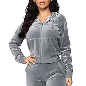 Ensemble de survêtement deux pièces en velours côtelé à capuche courte, motif plumes vintage, 100 % coton, pour femme, avec sweat-shirt zippé - Product Image 5