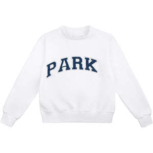 <b>White</b> Crew Neck <b>Sweatshirt</b> with Large Dark Front Lettering Straight Cut Long Sleeves Banded Cuffs and Hem Custom Logo Clothing - Product Image 1