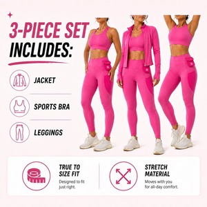 Pink 3 Piece Yoga Set Women's Scoop Neck Crop Top High Sports Bra Waist <b>Leggings</b> <b>Pockets</b> Seamless Spandex/Polyester <b>Workout</b> - Product Image 4