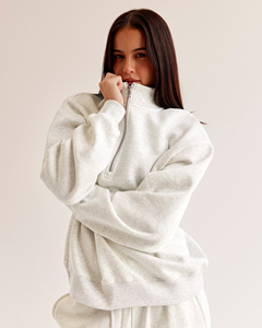 Sweat-shirt oversize à col zippé pour femme, couleur crème, léger, décontracté, coupe ample, confortable pour l'entraînement - Product Image 3