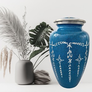 Urne funéraire blanche de haute qualité, gravée à la main, avec un design en émail bleu, capacité de 200 pouces cubes, style américain - Product Image 2