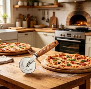Personalized Stainless Steel Pizza Cutter with Wooden Handle and <b>Leather</b> Sheath - Product Image 4