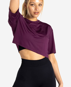 Camiseta Deportiva de Mujer, Corte Asimétrico, Manga Corta, Cuello Redondo, Tejido de Punto, Spandex, Poliéster, Secado Rápido, Ajuste Holgado, Color Sólido - Product Image 1
