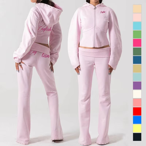 Custom High Quality French Terry Women's Screen Print <b>Zip</b> <b>up</b> <b>Cropped</b> Hoodie Set Clothing Manufacturers - Product Image 1