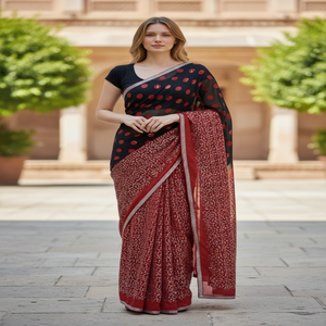 Sari Indio Auténtico de Dos Tonos, Negro y Rojo, con Patrón Floral, Ligero, Antiestático, Tejido, para Mujer, Sencillamente Impresionante - Product Image 1