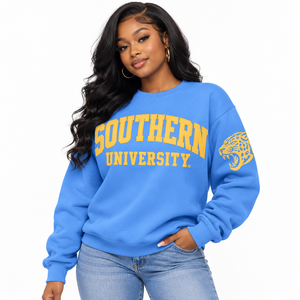 Sudadera Personalizada al por Mayor de la Universidad del Sur, Jaguars, Cuello Redondo, HBCU, Azul Columbia, Dorado, Bordada, de Forro Polar - Product Image 3
