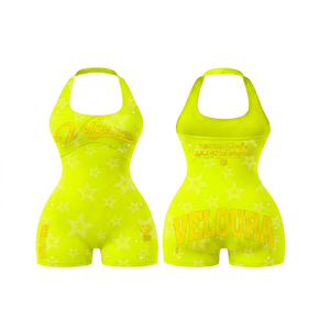 Women's Neon <b>Yellow</b> Halter Neck Sleeveless Skinny <b>Bodysuit</b> with Star Print Stretch Activewear Sexy Party Summer Wear - Product Image 1