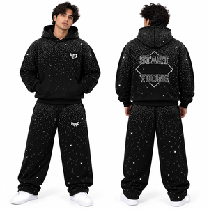 Men's Luxury Fleece Rhinestone <b>Hoodies</b> Jogger Set <b>Black</b> Oversized Streetwear Sparkly Tracksuit Custom OEM Private Label <b>Hoodies</b> - Product Image 1