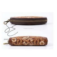 Porte-monnaie en cuir véritable repoussé avec fermeture éclair, porte-cartes, pochette à monnaie, mini portefeuille en cuir de vachette style western pour femme