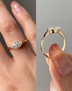 Bague de mariage élégante et minimaliste en or jaune massif 14 carats avec diamant de laboratoire marquise taille East West 1 CT et griffes en V - Product Image 5