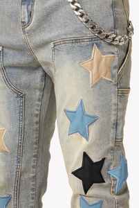 <b>Men's</b> Star Applique Distressed Breathable Customizable <b>Jogger</b> Pants Mid Waist Button Fly Street Style Unisex <b>Denim</b> - Product Image 6
