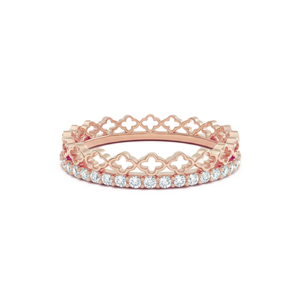 Double Band Clover Designer Ring 18K Solid Gold Four Leaf Ring Full Eternity Engagement Band Minimalist Round Lab Diamond Ring - Product Image 2