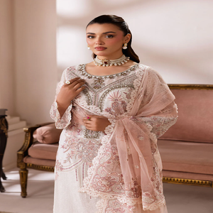 <b>White</b> Embroidered Ramsha Satrangi Quick Dry Salwar Kameez Pink Dupatta Wedding Dress Women Elegant FloorLength Indian Pakistani - Product Image 5