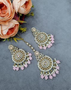 Traditional Oval CZ Stone Round Shape <b>Earrings</b> And Mang Tika Set Pearl Beaded Ethnic Party Wear Fashion Jewellery Set Collection - Product Image 6
