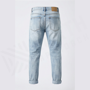 Jean en denim délavé coupe droite pour homme, coupe slim, taille mi-haute, en coton, décontracté, bleu clair, style printemps - Product Image 2