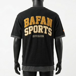 Camiseta de hombre de doble capa de algodón y poliéster, jersey exterior de 200 GSM, interior de 160 GSM, negro, gris oscuro, dobladillo personalizado con logo impreso en serigrafía. - Product Image 2