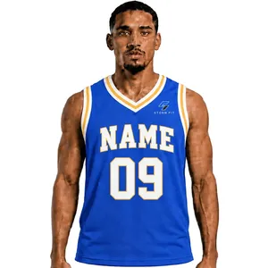 Maillot de basket-ball bleu pour homme, col en V, sans manches, impression sublimée, nom et numéro personnalisés 09, maille respirante, coupe régulière, 100% polyester - Product Image 1