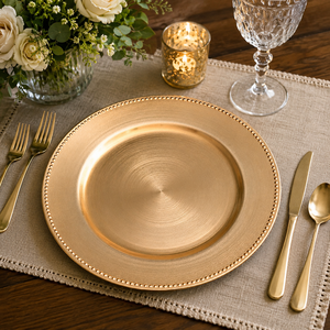Assiettes de présentation dorées de luxe pour la décoration de table, élégantes assiettes à dîner à bordure perlée pour mariages, fêtes et événements - Product Image 5