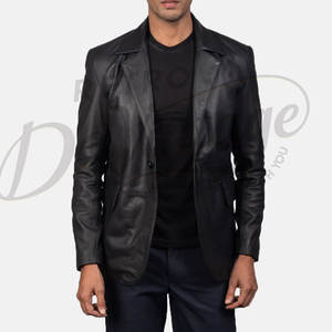 Blazer en cuir véritable noir pour homme, coupe ajustée, deux boutons, veste de costume décontractée en cuir, veste de soirée formelle de luxe - Product Image 5