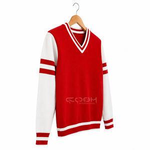 Cosh เสื้อสเวตเตอร์แขนยาวแบบถักคอวีแขนยาวระบายอากาศได้ดีสีตัดกันสีแดงขาว - Product Image 4