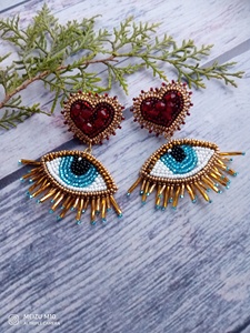 Boucles d'oreilles brodées à la main de luxe avec perles et motif œil porte-bonheur, bijoux uniques et tendance pour femme, légères, cadeau d'été, vente en gros - Product Image 3