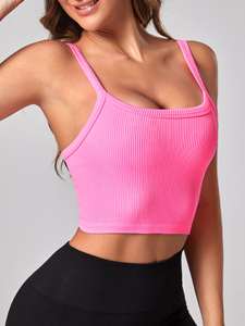 Top corto rosa sin costuras con textura acanalada para mujer, top deportivo elástico, transpirable, para gimnasio y fitness, sin mangas, camiseta personalizada para mujer - Product Image 2