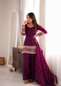 Designer Embroidery Sequence And Zari Work Fandy Silk <b>Top</b> With Farshi Salwar Bottom And Dupatta Fully Stitched Ready To Wear Set - Product Image 4