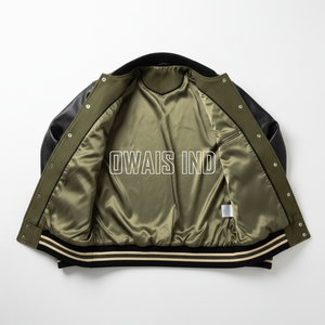 แจ็คเก็ตวาร์ซิตี้ Owais Ind สำหรับผู้ชาย สีเขียว แขนหนัง PU ปักลายโลโก้ตัวอักษร ดีไซน์สไตล์ Preppy เหมาะสำหรับใส่ในฤดูใบไม้ร่วง - Product Image 5