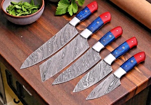 Ensemble de couteaux de cuisine professionnels en acier Damas, 5 pièces, faits à la main, manche en Micarta, étui en cuir, vente en gros, couteaux pliants professionnels - Product Image 2