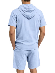 Men Solid Color Hooded Button-Up Shirt Set Elastic Waist Shorts Breathable Knitted Polyester/Cotton 200g Casual Summer Outfit - Product Image 4
