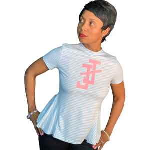 Top Peplum a Rayas JJ para Mujer Adulta, Manga Corta, Ajustado, con Dobladillo Acampanado, Informal, Mezcla de Algodón, Estilo Griego - Product Image 3