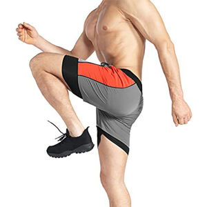 Pantalones Cortos Deportivos de Secado Rápido para Hombre, Color Gris con Franja Lateral Naranja, Cintura con Cordón Ajustable, Longitud Media, Tejido de Punto, Spandex, Poliéster - Product Image 2