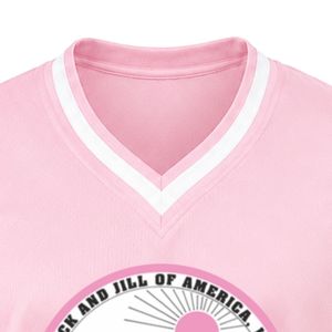 เสื้อเจอร์ซีย์กีฬาคอวีปักลายตราสัญลักษณ์ Pink Jack & Jill แขนสั้น แถบสีขาว เสื้อทีมกีฬา ชุดยูนิฟอร์มทีมแบบกำหนดเอง - Product Image 4