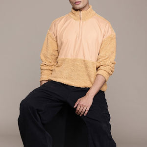 Pull zippé en maille doublé sherpa pour homme, avec empiècements contrastants, veste douce et moelleuse pour tenue décontractée en extérieur - Product Image 1