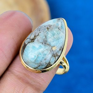 Natural Blue Amazonite Pear Shape Gemstone Ring 18k Gold Micron Over 925 Sterling Silver - Product Image 3