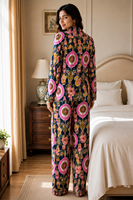 Ensemble de pyjama pour femmes en coton 100% à imprimé floral, col en V |   Vêtements de nuit à manches longues, doux, respirants et légers