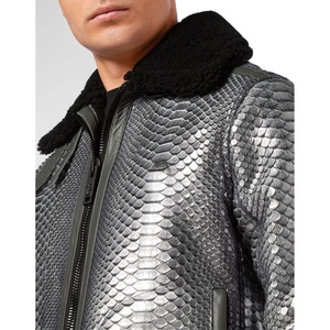 Veste en cuir de python et cuir de vache véritable sur mesure pour homme, style motard, service OEM, col montant, logo avant, échantillon disponible - Product Image 4